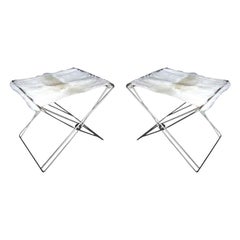 Pair of 1970s Nickel Folding Stools with Cowhide Seat