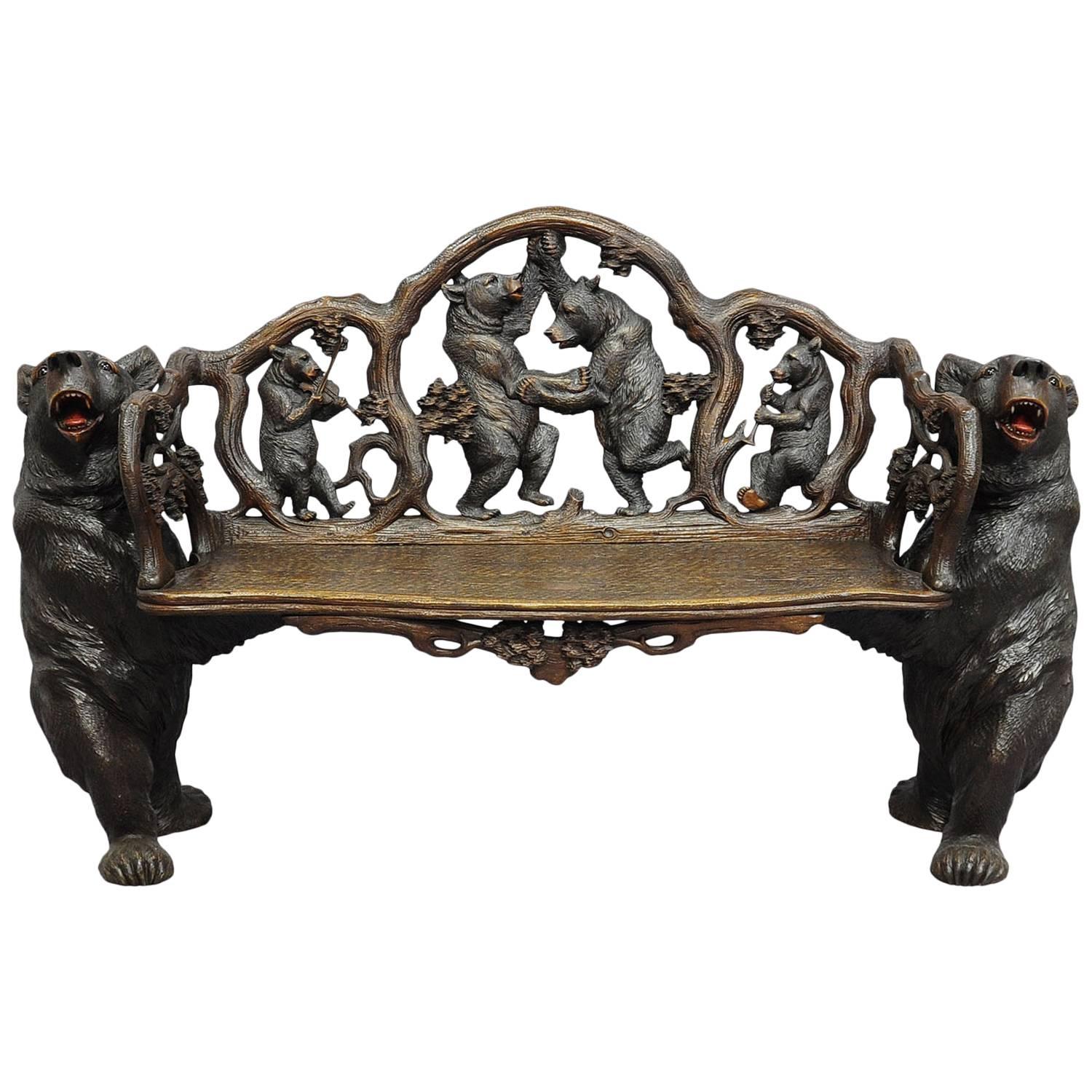 Antique Carved Wood Bear Bench, Swiss Brienz, circa 1900