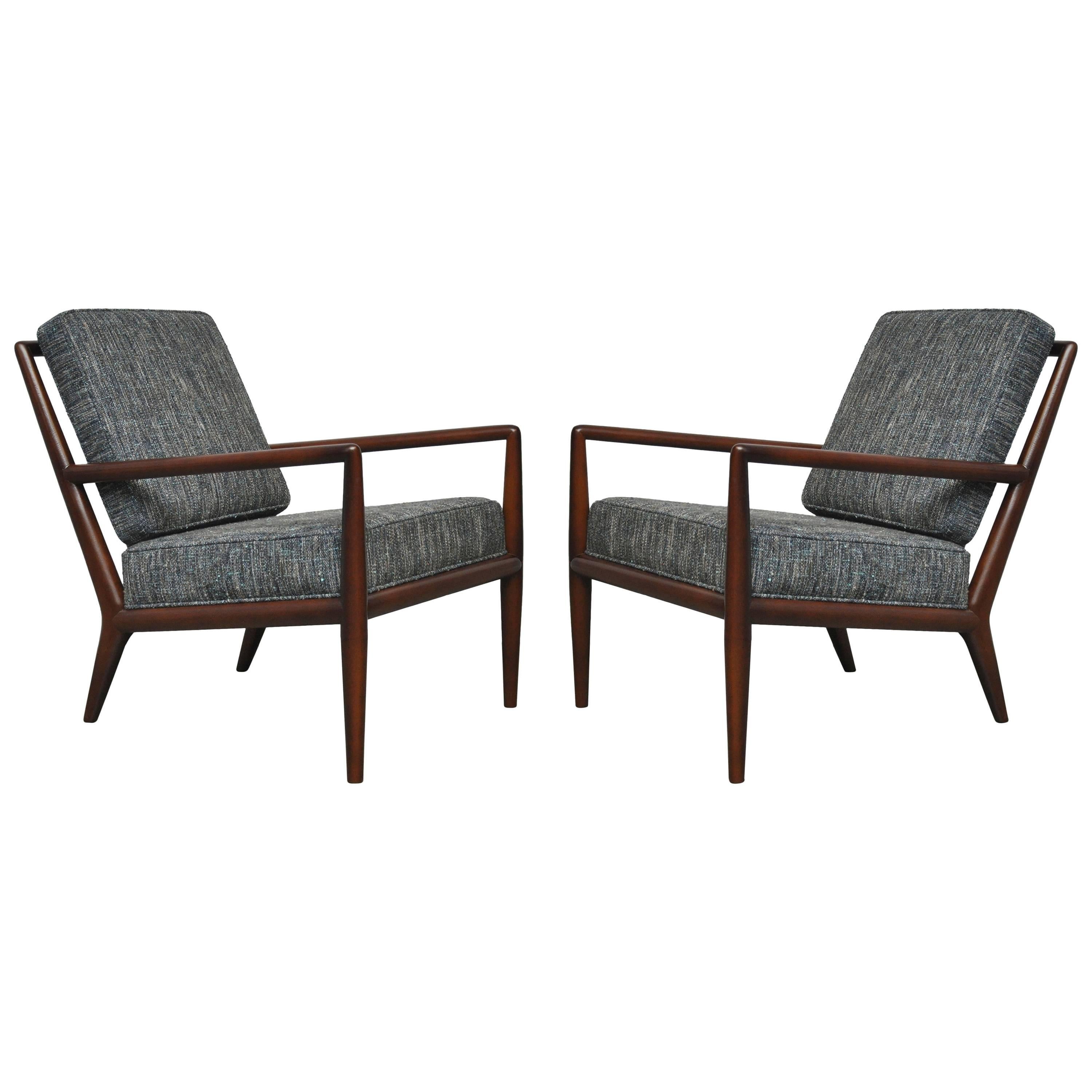 T.H. Robsjohn-Gibbings Pair of Lounge Chairs with Blue Upholstery