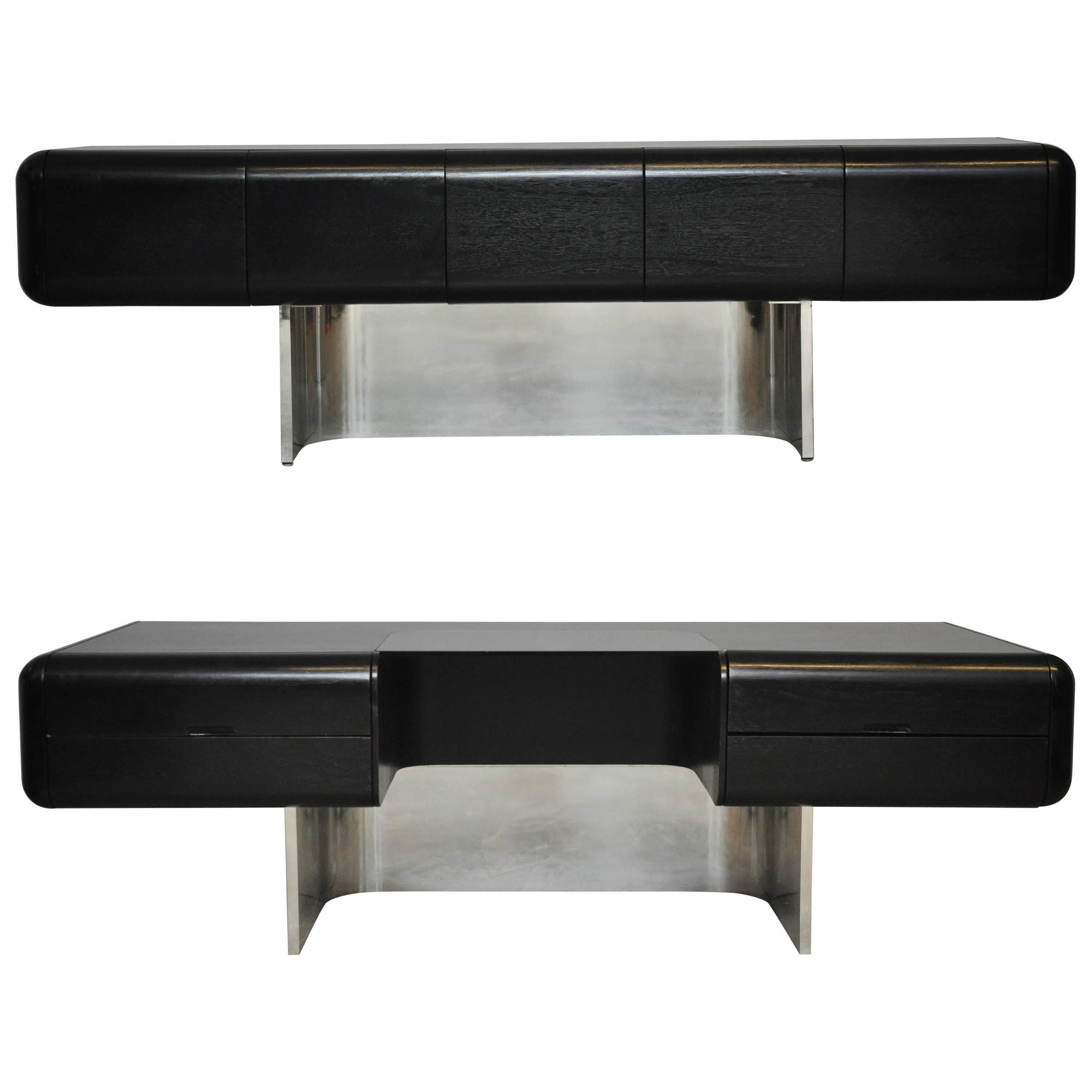 M.F. Harty Black Lacquer and Stainless Steel Executive Desk and Credenza
