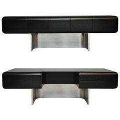 Retro M.F. Harty Black Lacquer and Stainless Steel Executive Desk and Credenza