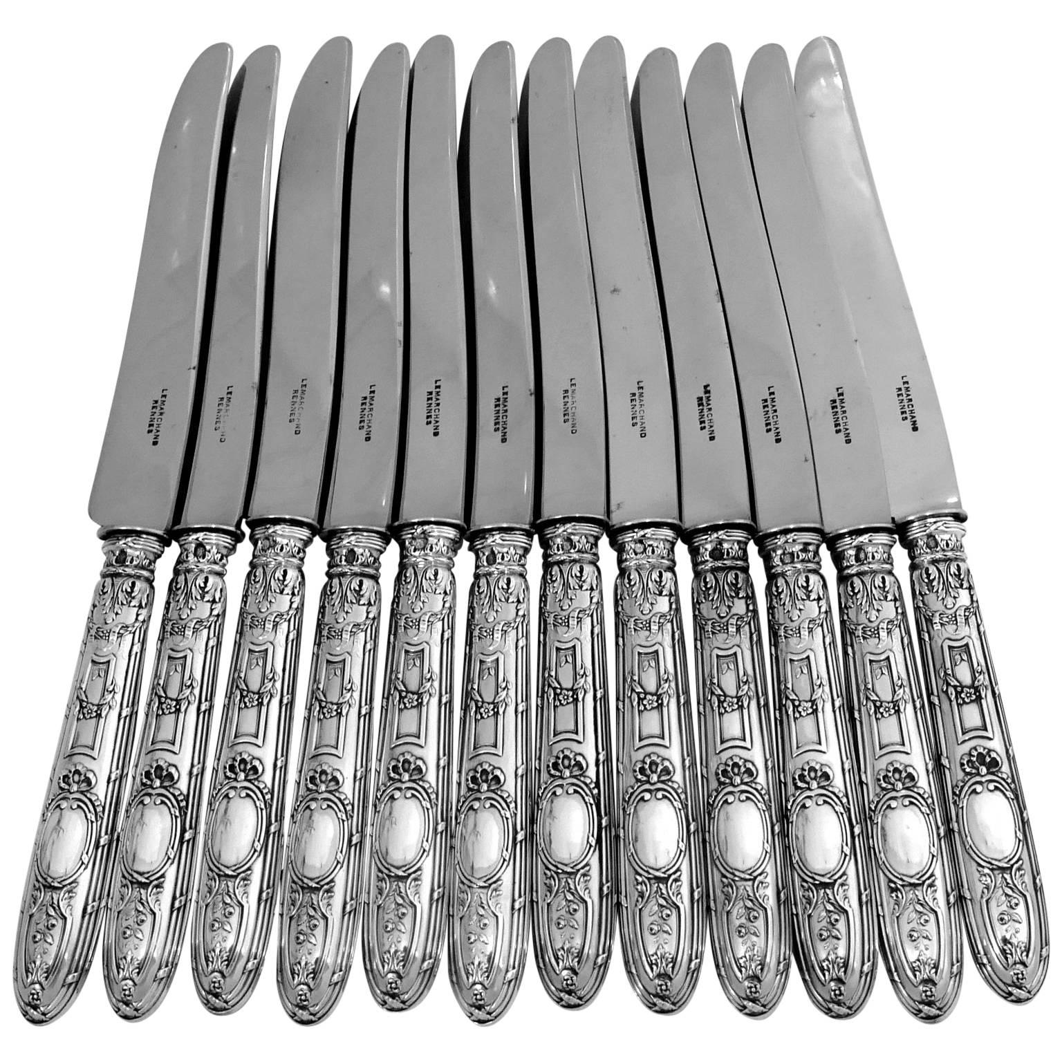 Veyrat French Sterling Silver Dinner Knife Set 12 Pieces with Box Neoclassical