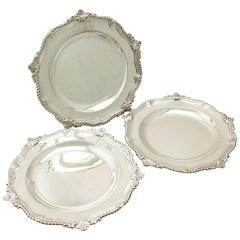 1750s Antique George II Set of Three Sterling Silver Dinner Plates 12