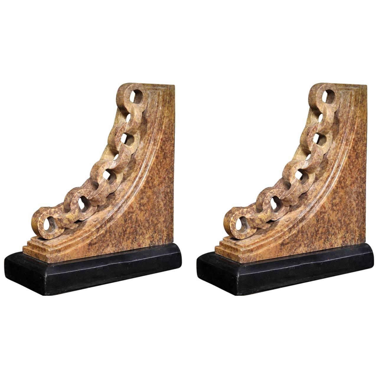 Pair of Stone Carved Bookends with Chain Motif For Sale