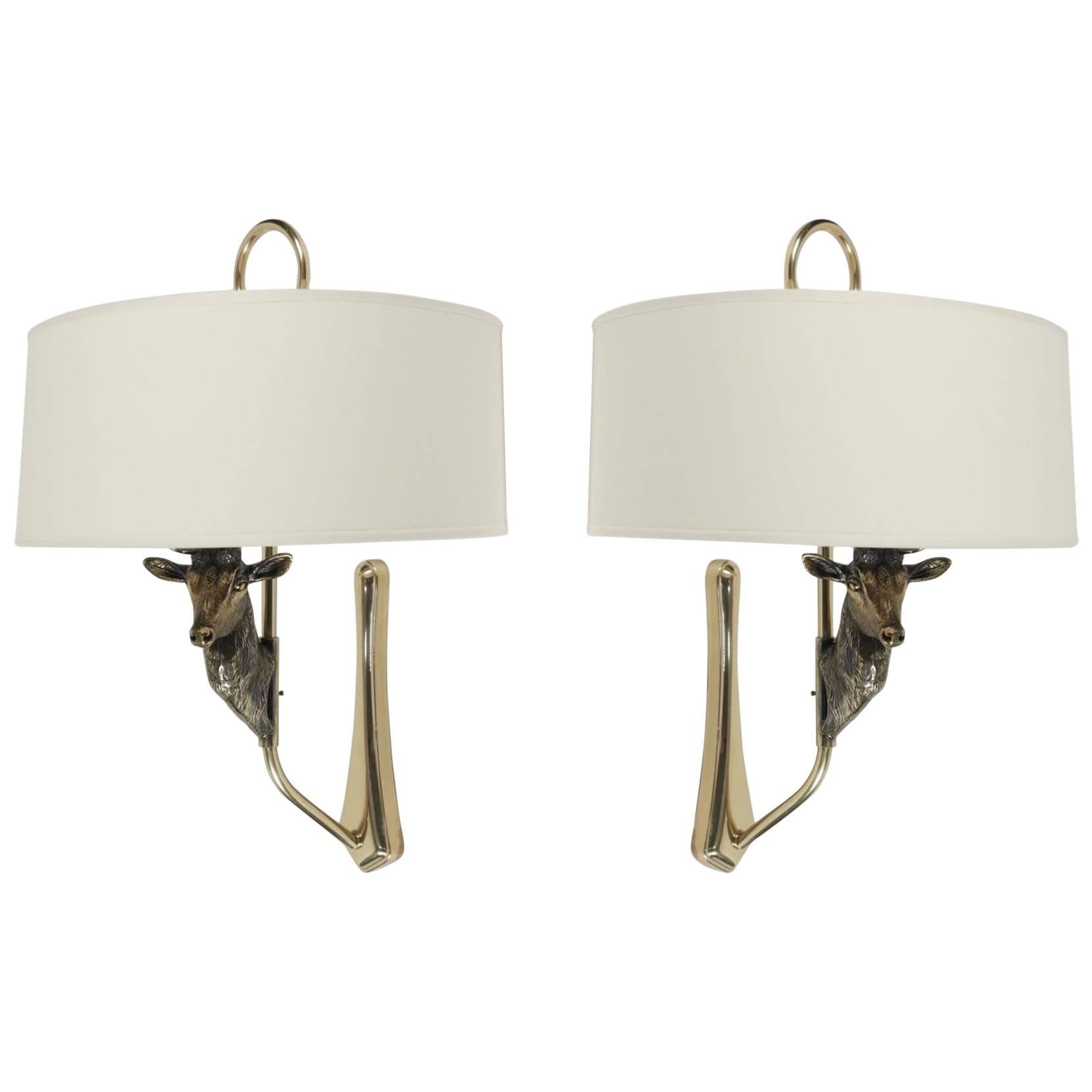 1960s Maison Honoré Large Pair of Bronze Sconces with "Deer" Motif