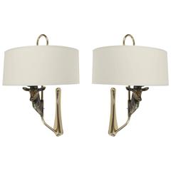 1960s Maison Honoré Large Pair of Bronze Sconces with "Deer" Motif