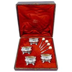 Antique Ravinet French Sterling Silver 18-Karat Gold Four Salt Cellars, Spoons, Box