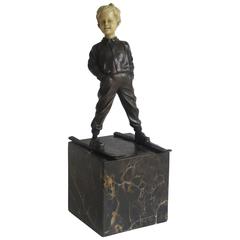 Figurine, "Boy Skier, " after F. Priess, Metal with Marble Base, circa 1950