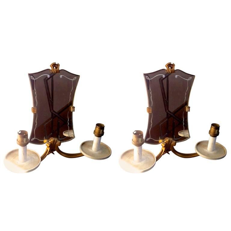 Jules Leleu Pair of 1940s Refined Mirrored Gold Bronze Sconces For Sale