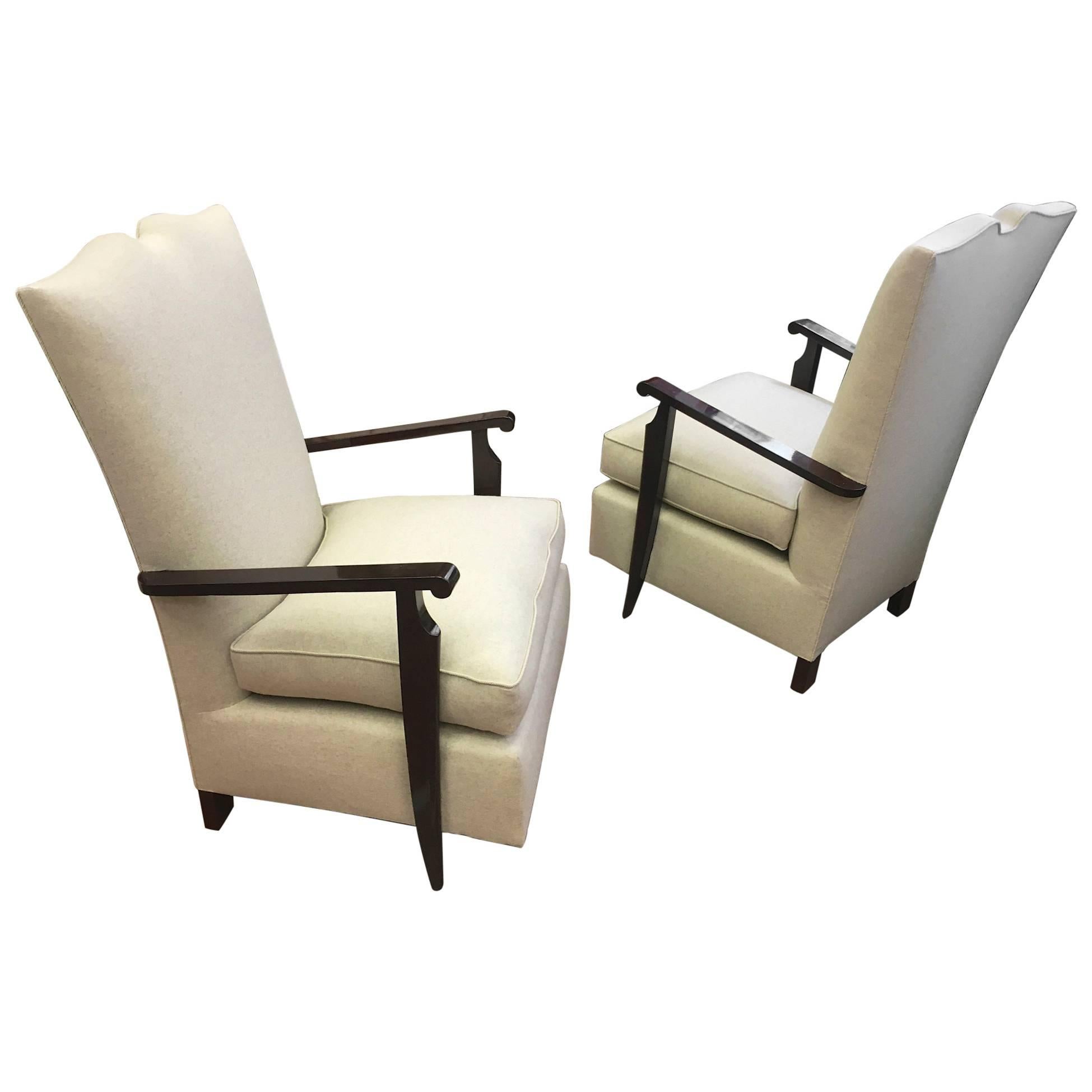 Style of Maurice Jallot High Back Chicest Pair of Lounge Chair, Newly Covered For Sale