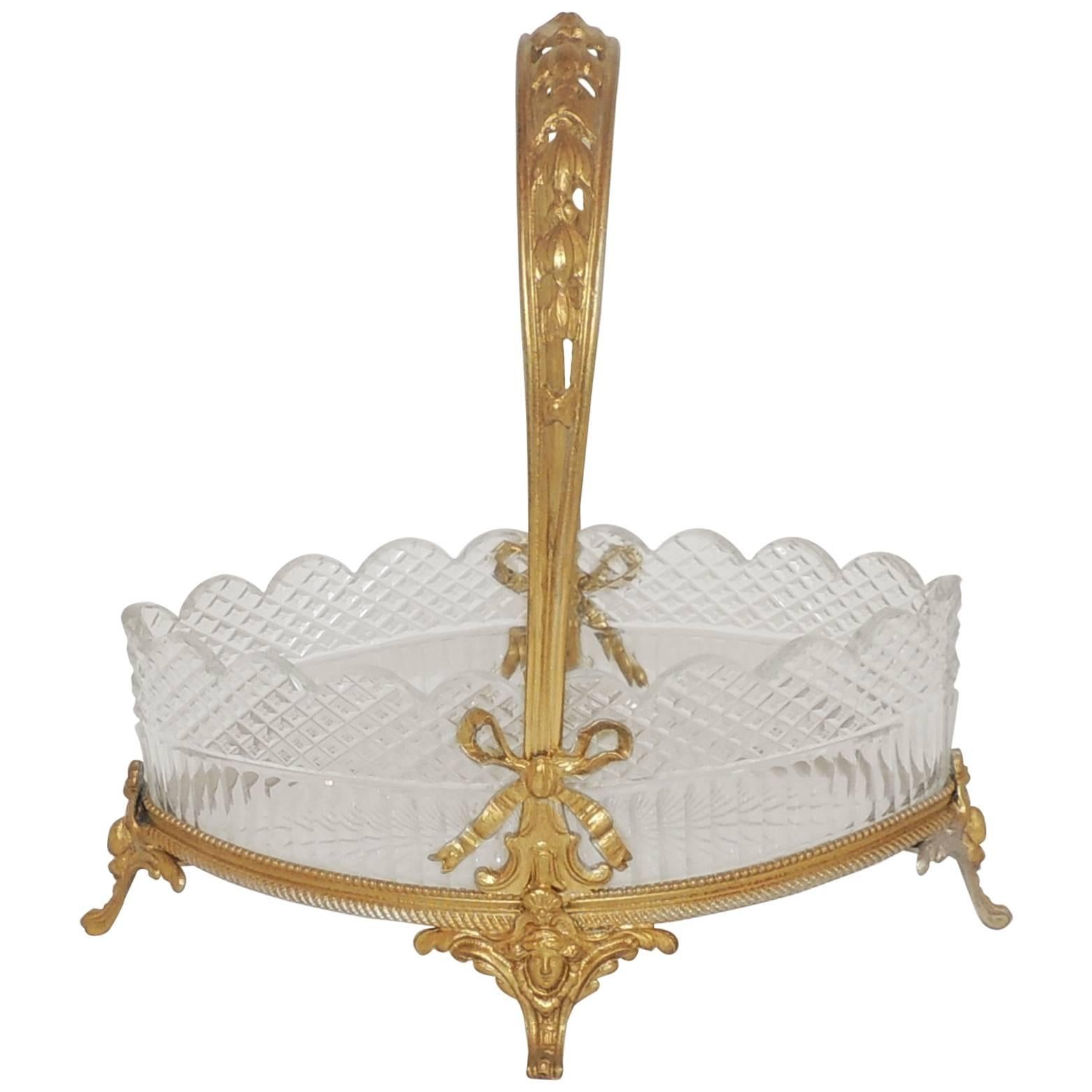 Wonderful French Scalloped Crystal Centerpiece Gilt Bronze Footed Bow Basket