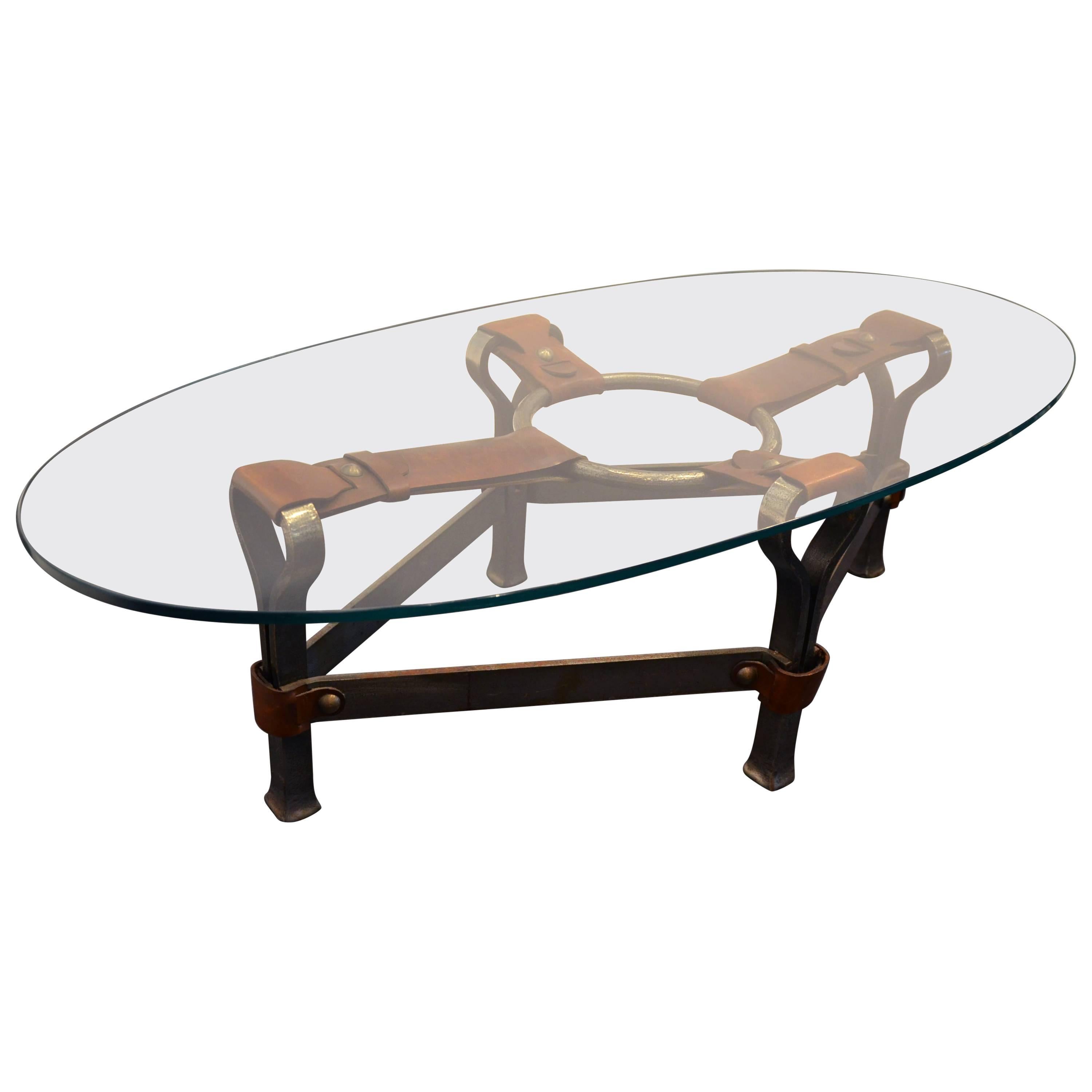 Beautiful Ellipse Steel and Leather Cocktail Table For Sale
