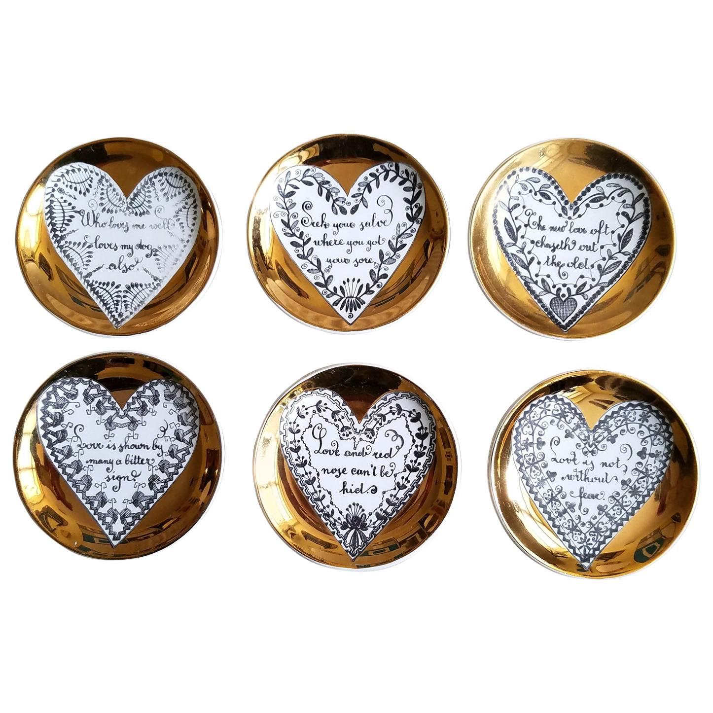 Piero Fornasetti Porcelain Coaster Set with Love, Hearts and Saying