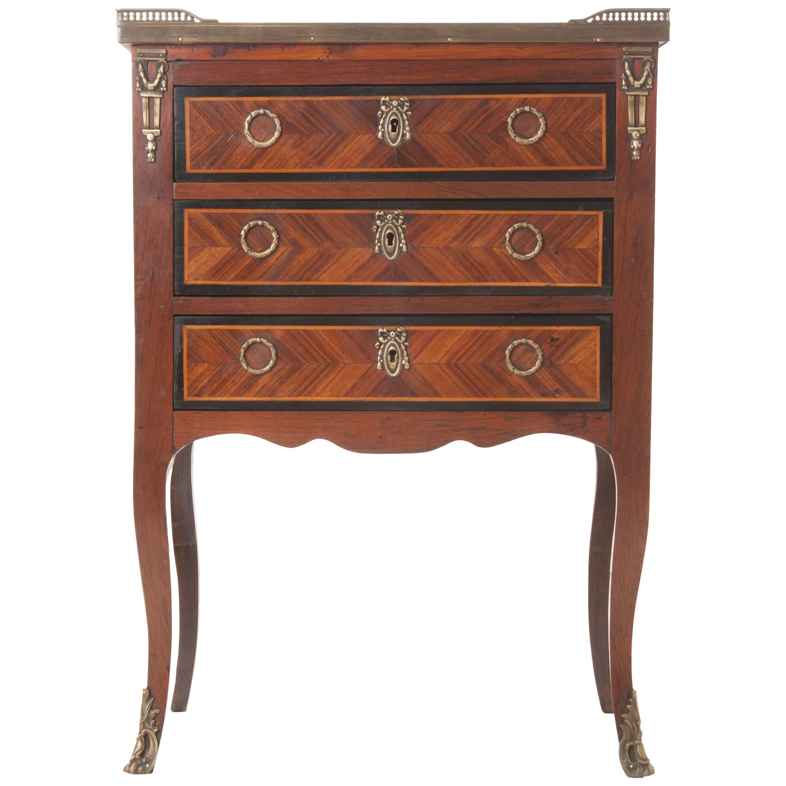 French 19th Century Mahogany Bedside Chest with Inlay and Marble Top
