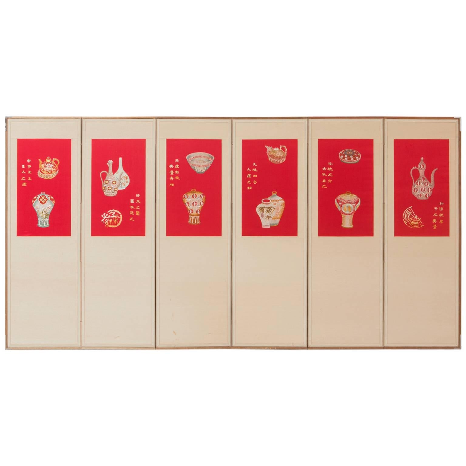 Six-Panel Korean Silk Embroidered Screen