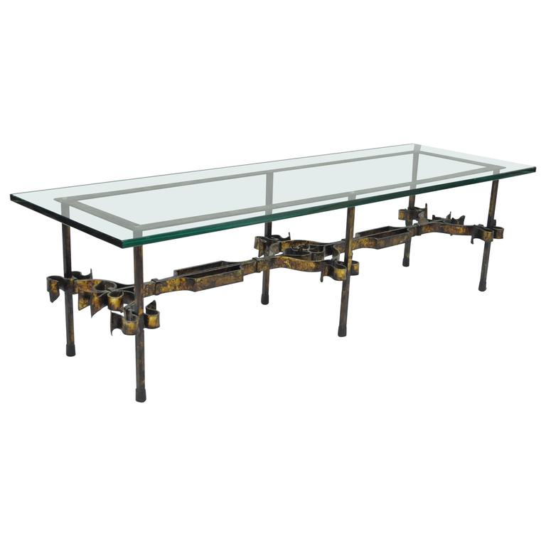 Ornate Hollywood Regency Gold Gilt Scrolling Iron Rectangular Glass Ornate Hollywood Regency Gold Gilt Scrolling Iron Rectangular Glass Coffee Table For