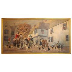 Vintage Very Large Country Horse Hunting Painting Framed Oil on Board