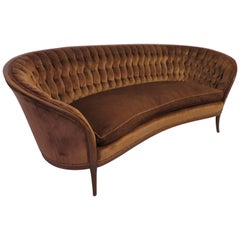 Stunning Regency Modern Curved Tufted Walnut Sofa