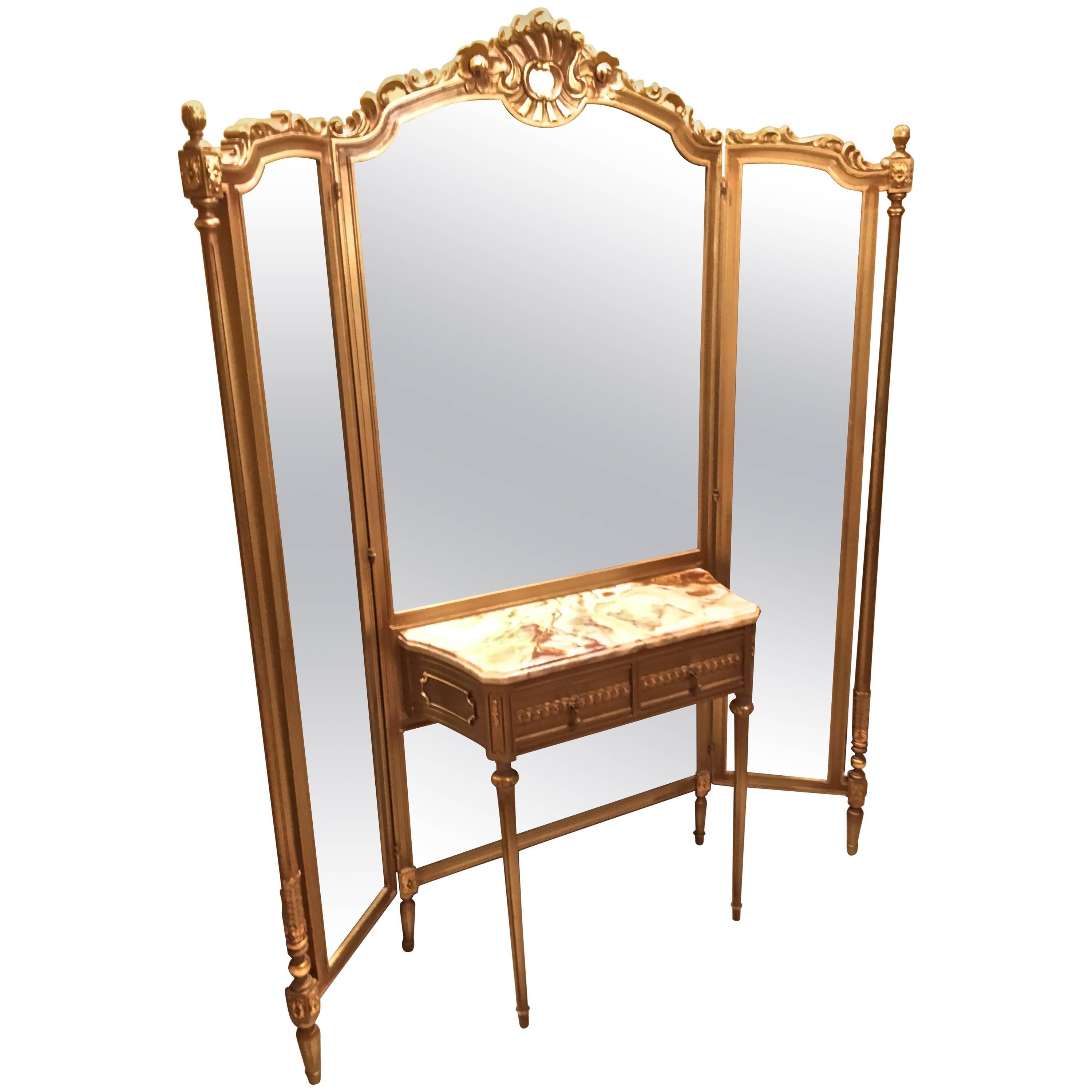 Tri-Fold Vanity Mirror with Onyx Top Dressing Table