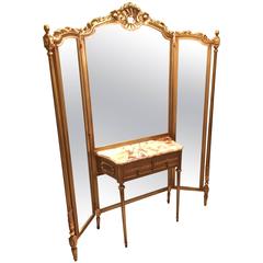 Antique Tri-Fold Vanity Mirror with Onyx Top Dressing Table