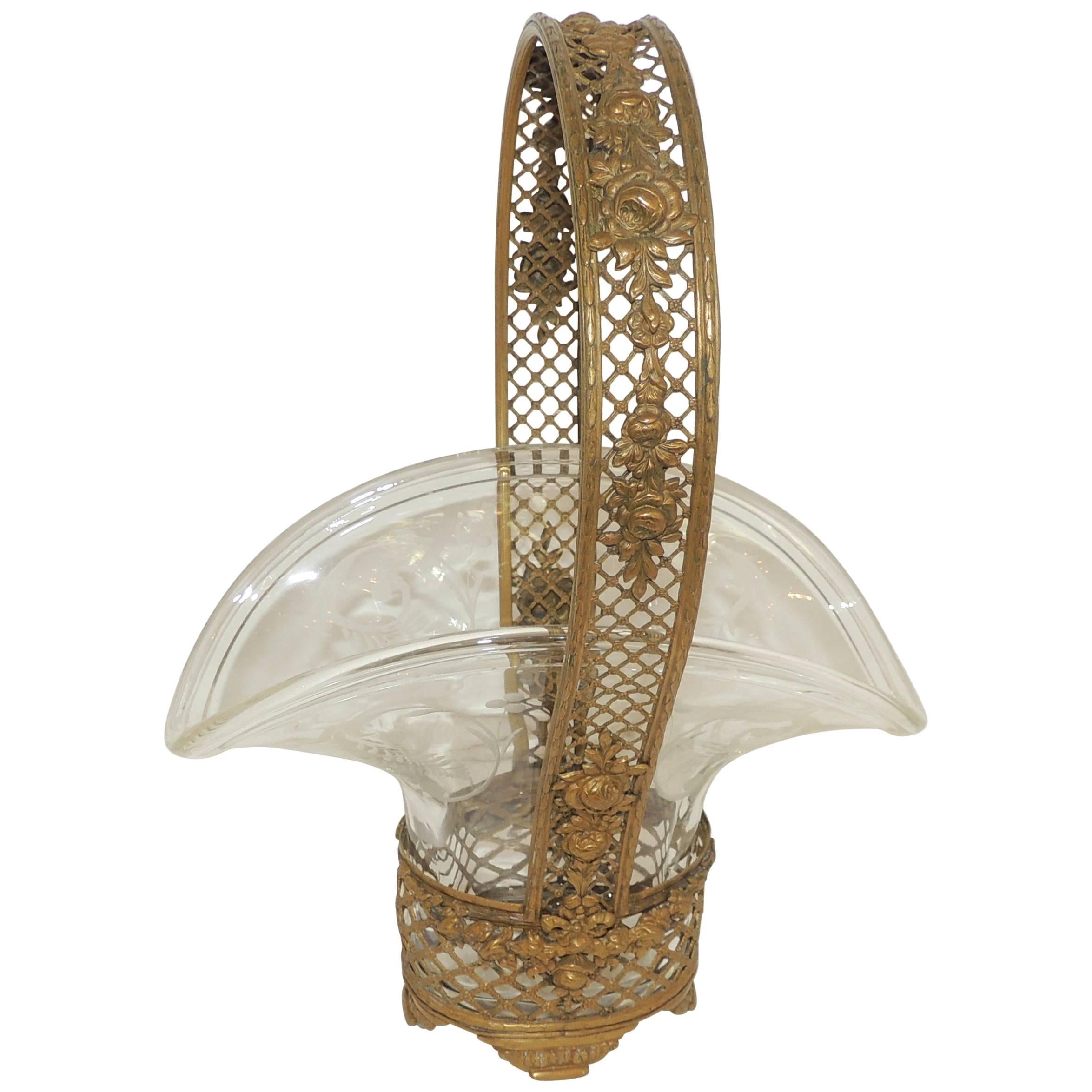 Wonderful Fine French Basket Weave Floral Bronze Basket Etched Crystal Insert