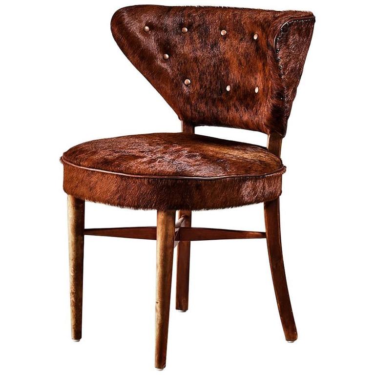 Birch Side Chair with Brown Cowhide Upholstery, Sweden, 1940s For Sale