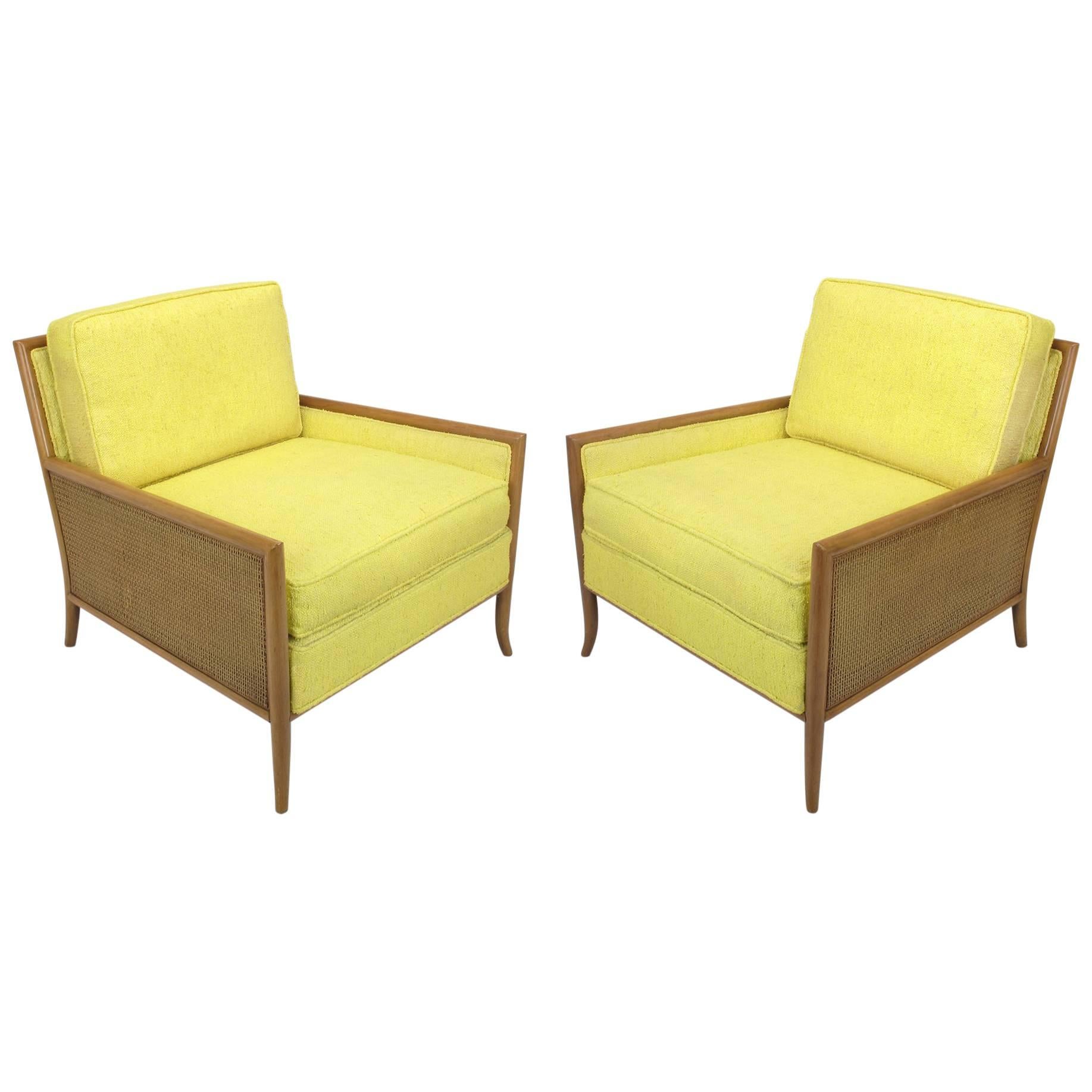 Pair of Walnut & Yellow Haitian Cotton Lounge Chairs after TH. Robsjohn-Gibbings