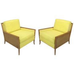 Pair of Walnut & Yellow Haitian Cotton Lounge Chairs after TH. Robsjohn-Gibbings 3