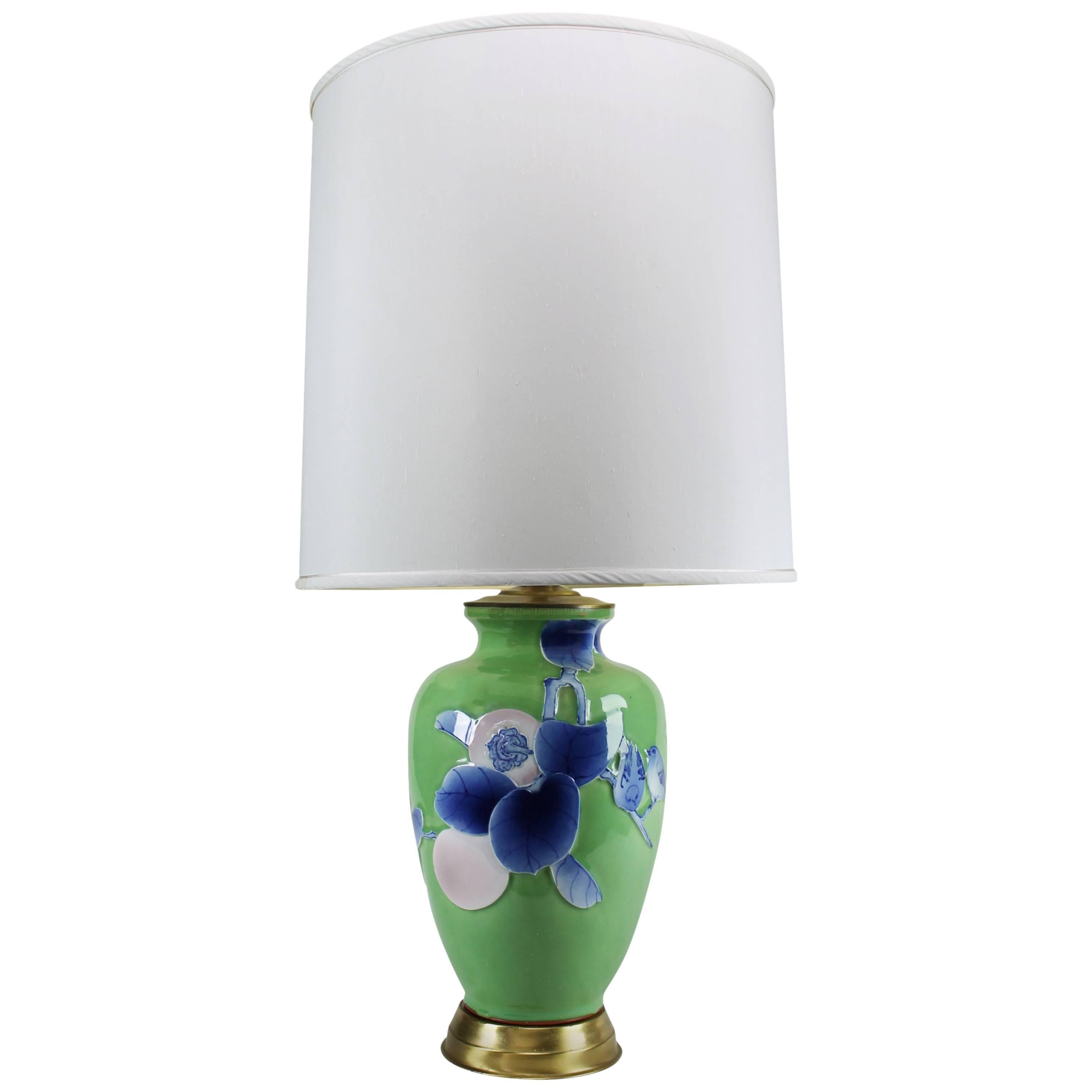 Vintage Large Ceramic Green Vase Lamp with Blue & Lavender Bird & Fruit Design