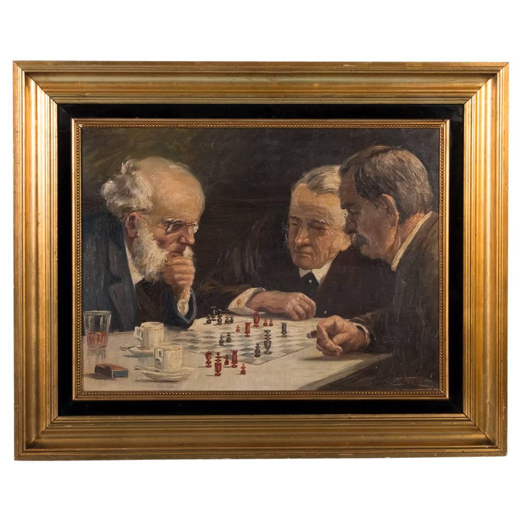 Signed Original Danish Oil Painting of Chess Players, Edmund Fischer, c.1920