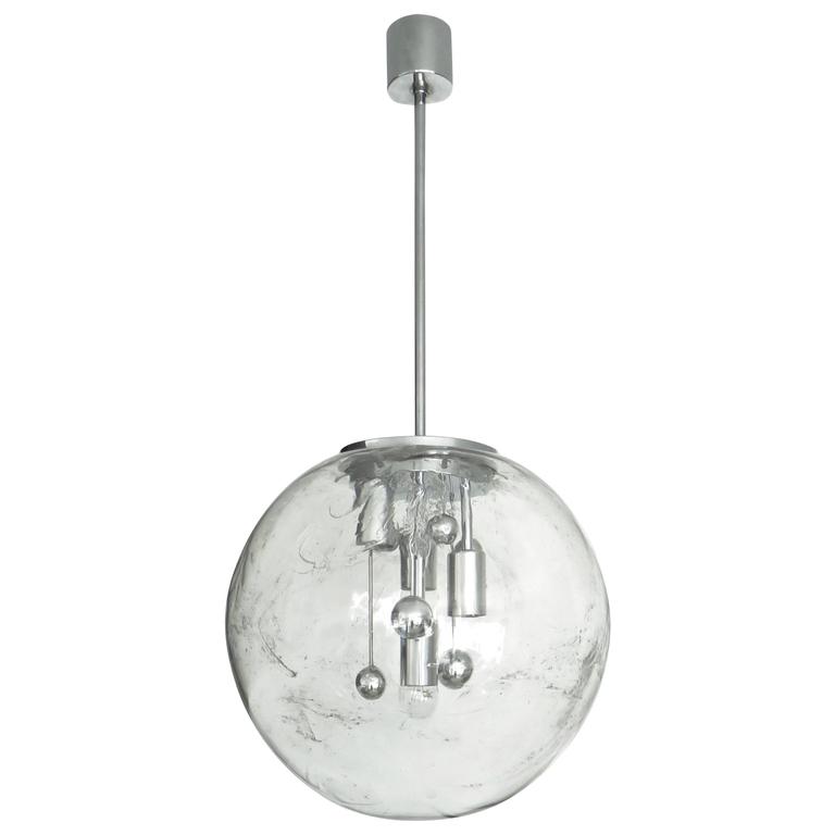 Large Doria German Blown Glass Globe Clear Milky Way FourLight Hanging Fixture For Sale at 1stdibs