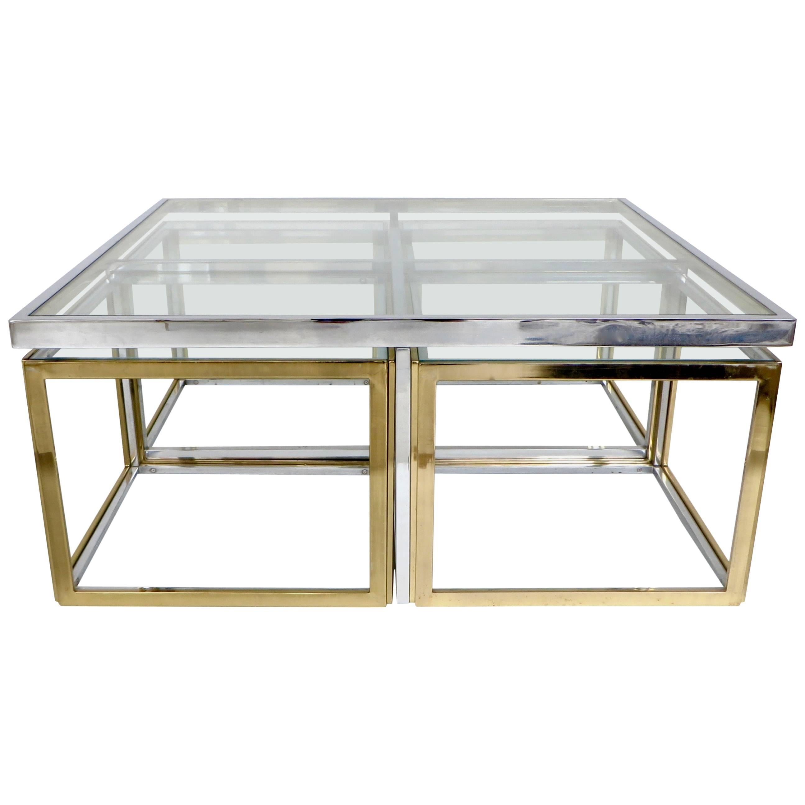 French Maison Jansen Chrome and Brass Multi Part Coffee and Pull-Out Tables