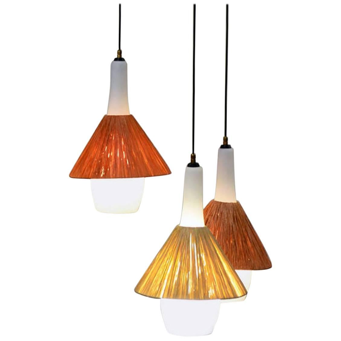 Stilnovo 1950s Chandelier with Three Pendant Lights in Glass and Raffia For Sale