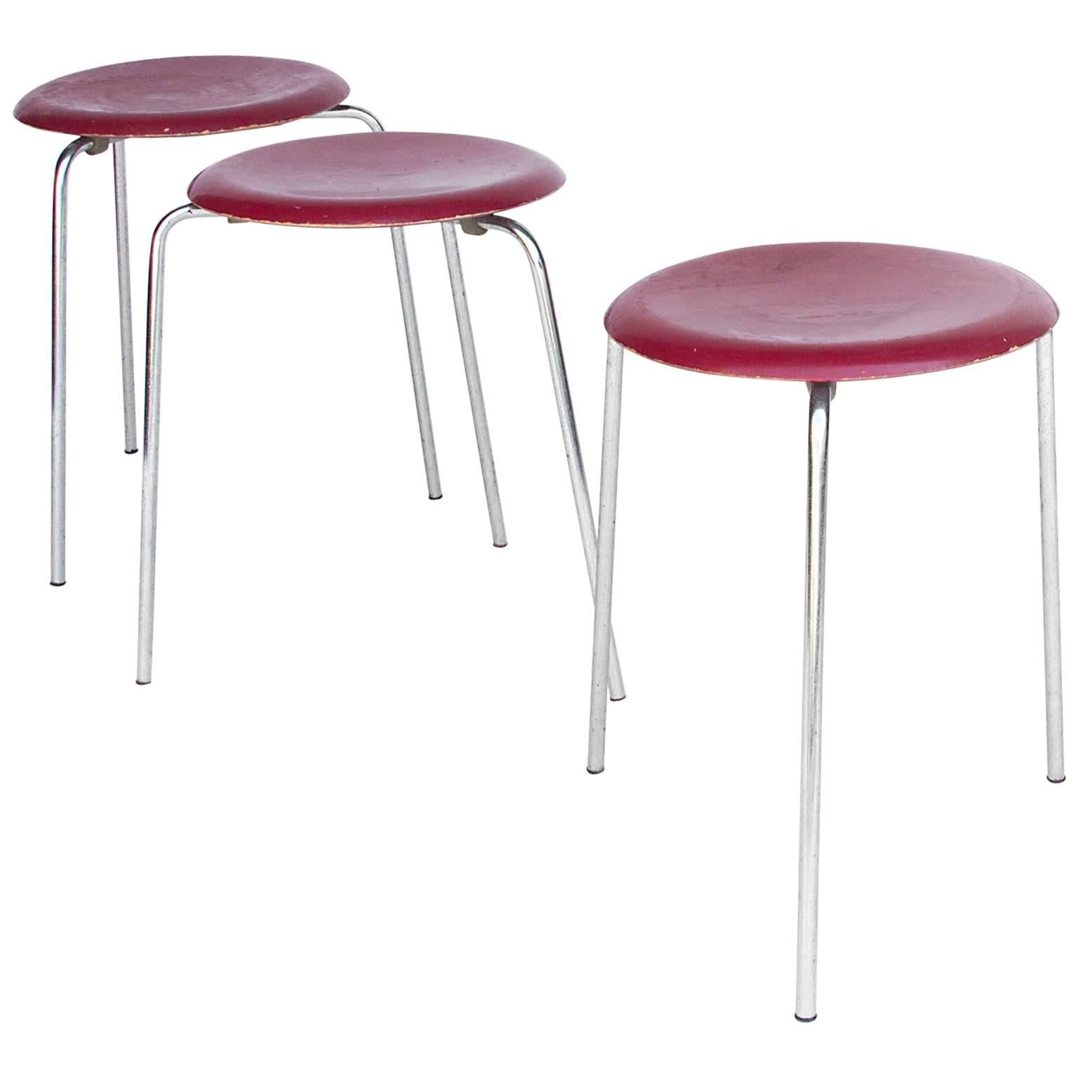 1953, Arne Jacobsen, Three 3170 Stackable Stools in Original Red Color
