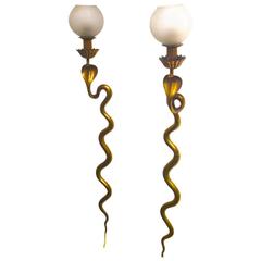 Spectacular Cobra Shaped Gold Bronze Pair of Long Sconces with Opaline Globe