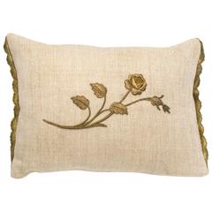 Antique Metallic Gold Rose Appliqué Linen Pillow