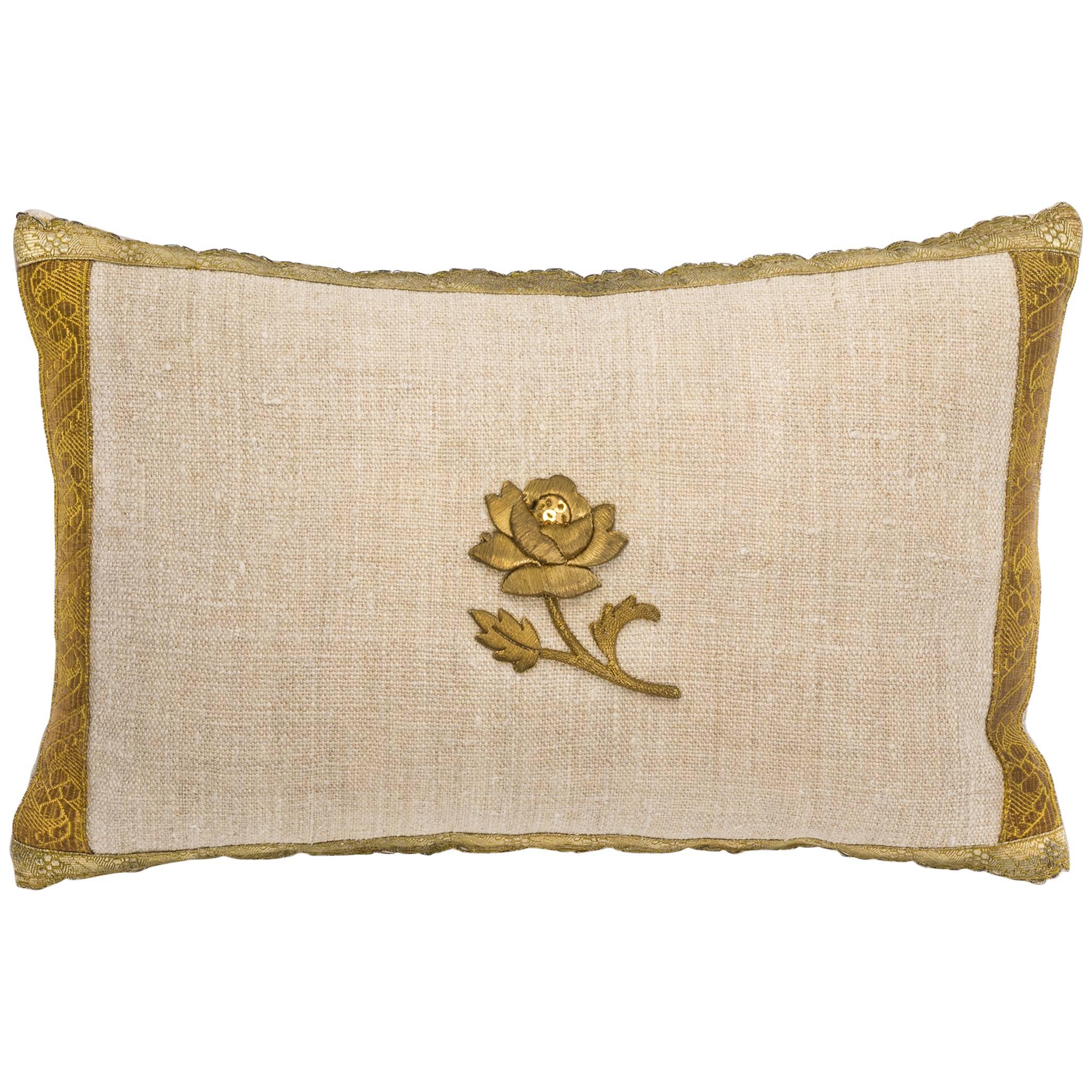 Pillow, Antique Metallic Gold and Vintage Linen  For Sale