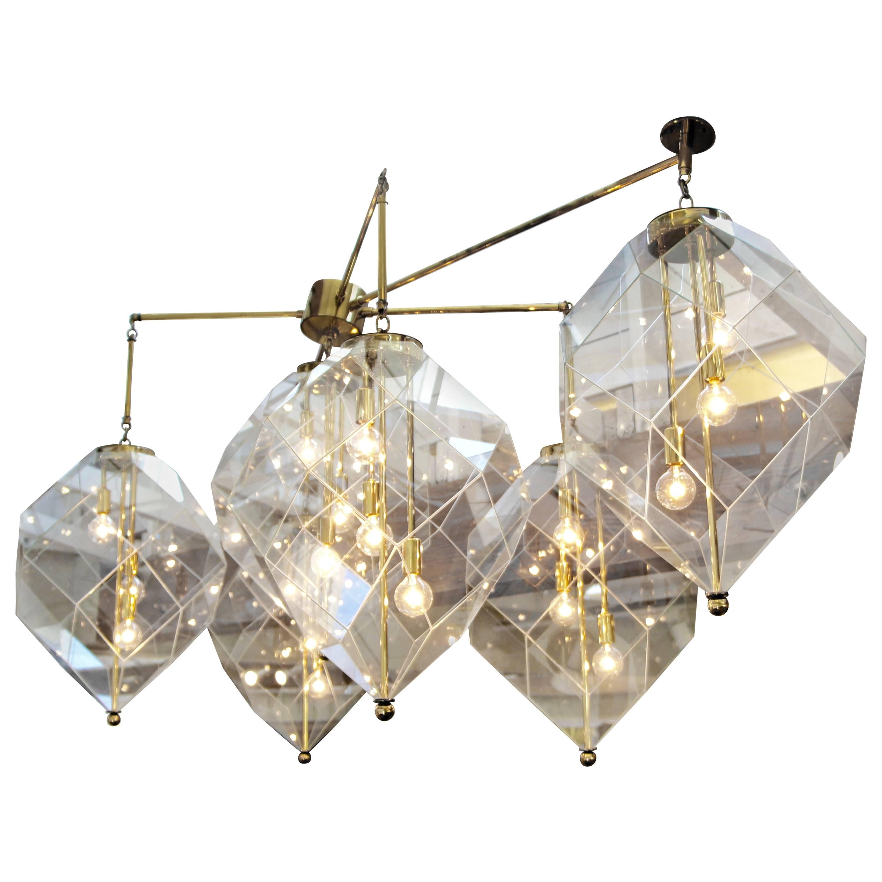 Custom-Made Morrison Lighting Brass Chandelier with Faceted Geometric Glass