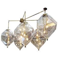 Custom-Made Morrison Lighting Brass Chandelier with Faceted Geometric Glass