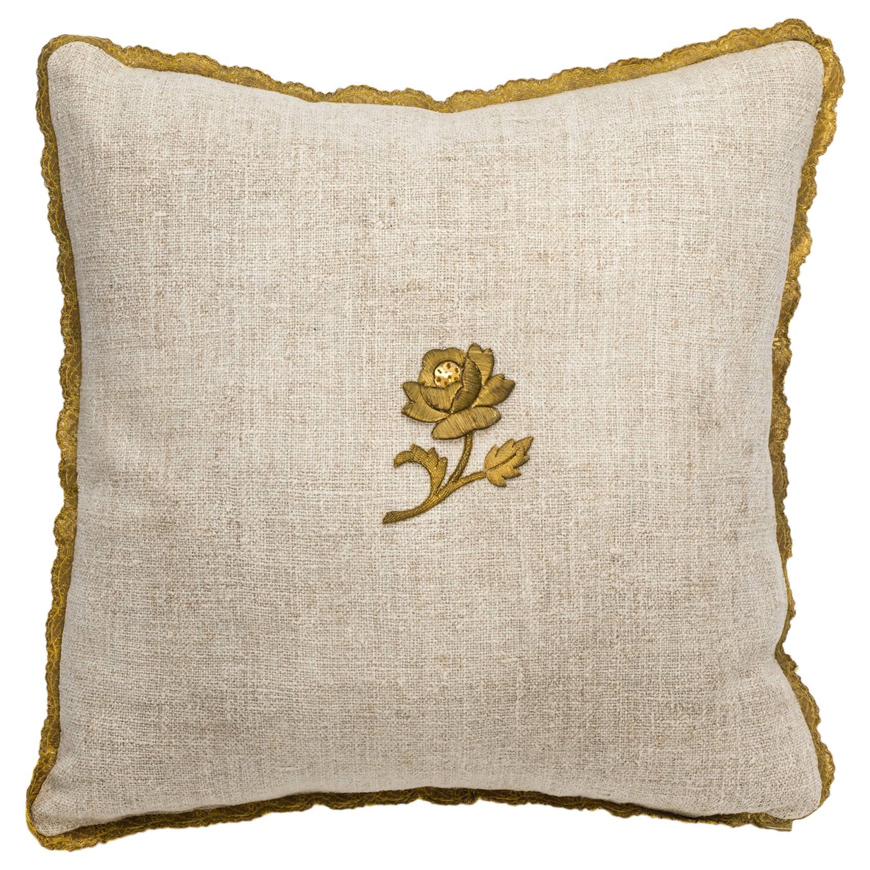 Pillow, Antique Metallic Gold Appliqué on Linen  For Sale