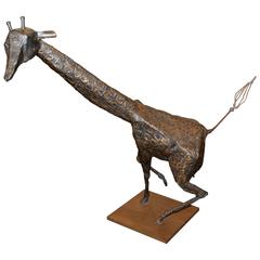 Metal Patinated Giraffe Sculpture Mounted on Wood Base