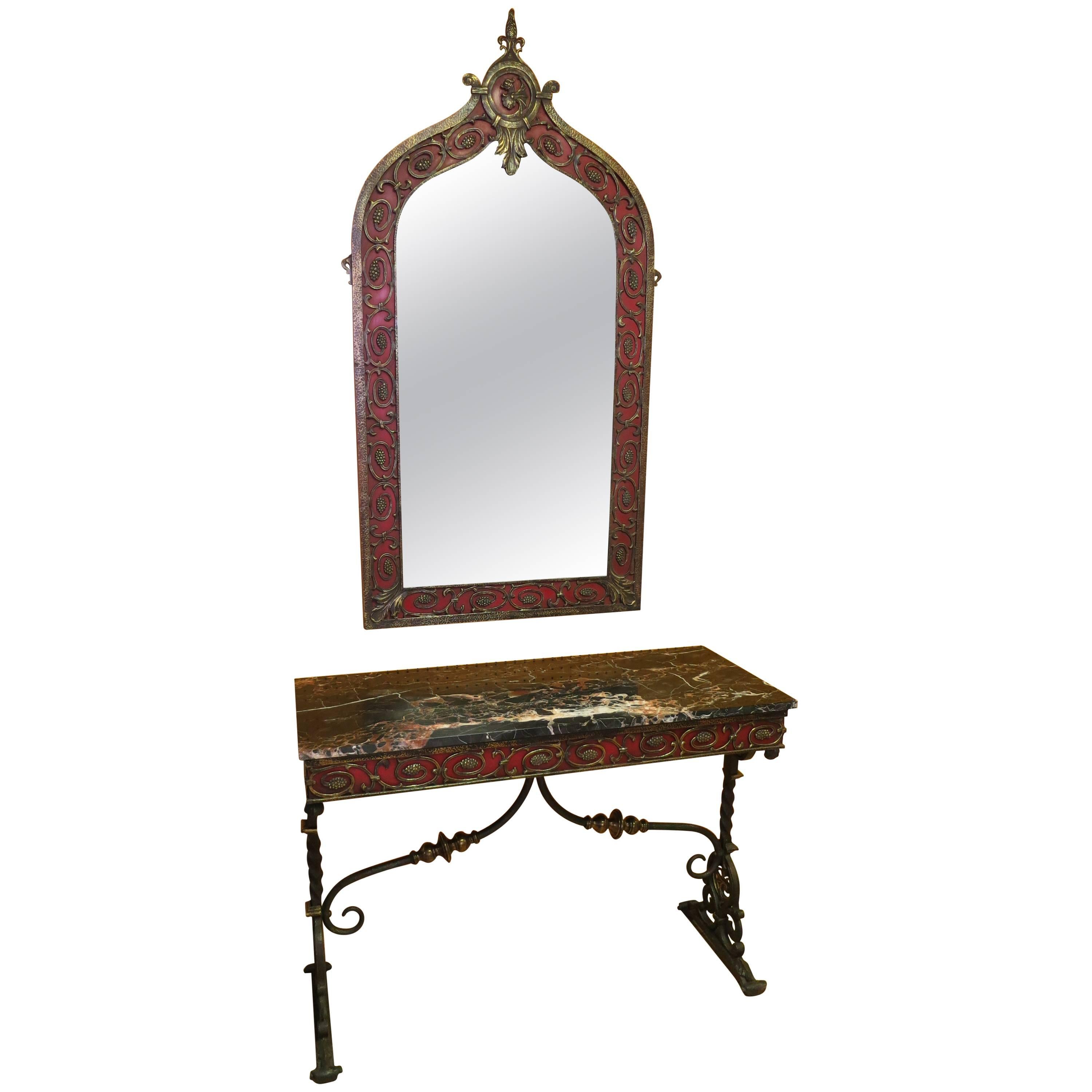 Amazing Deco Marble-Top Console Table and Matching Mirror Oscar Bach Attributed 