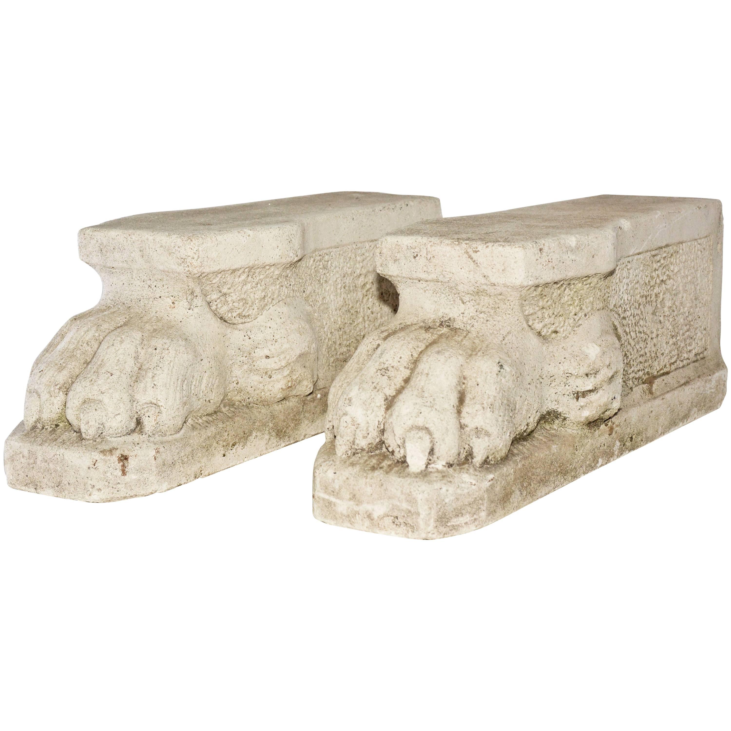 Antique Stone Sculpted Lion Paw Pedastals, Pair