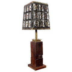 Torch Cut Brutalist Table Lamp with Nakashima Style Wood Base