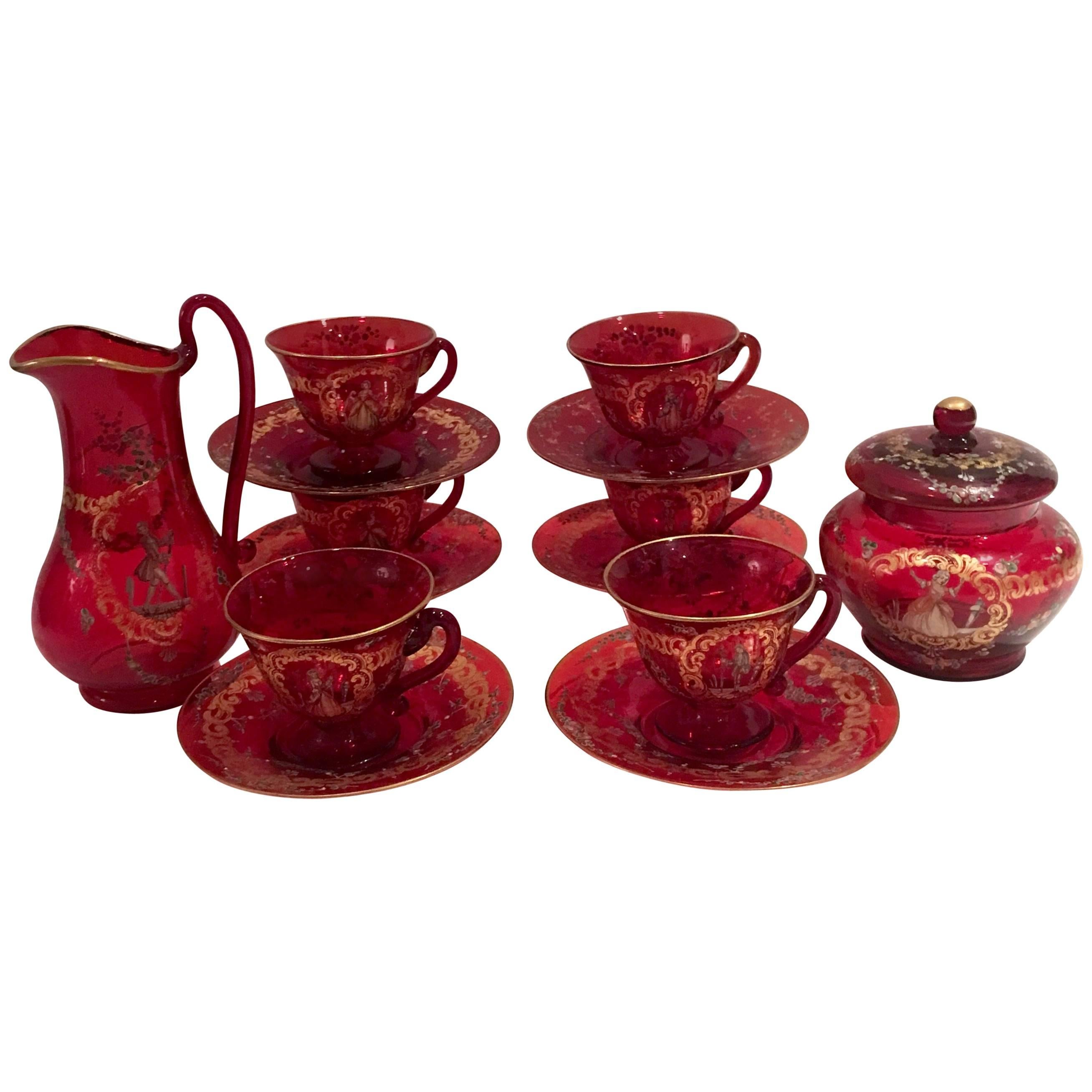 Set of 15 Ruby and 24-Karat Gold Venetian Glass Tea Set