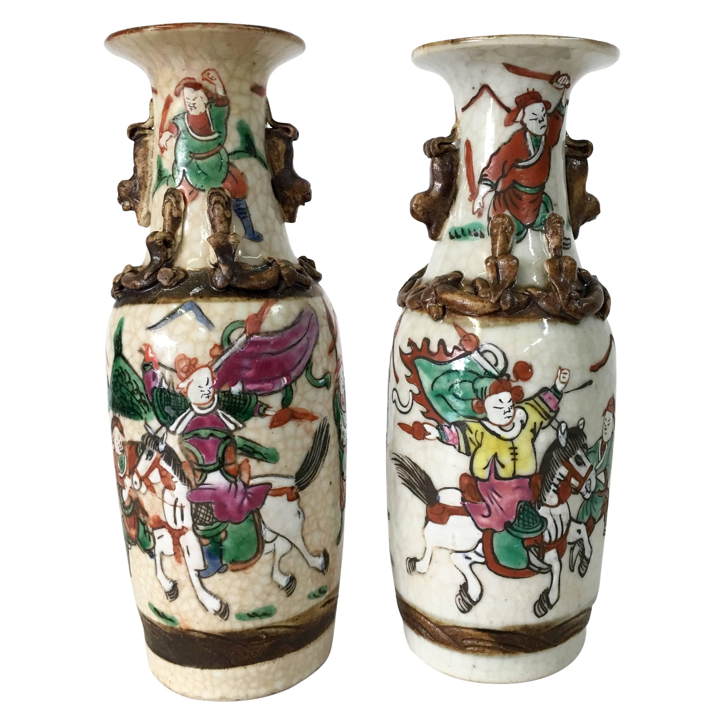 19th Century Pair Of Japanese Warrior Crackle Ware Hand Painted Vases, Signed