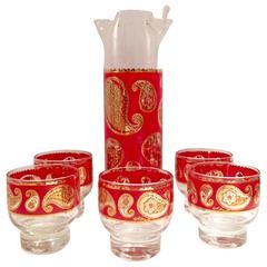 Mid-Century Modern Culver Red and 22-Karat Gold Paisley Drinks S/7