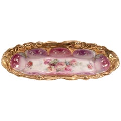 Antique Hand Painted Gilt Gold Rose & Bow Oval Dish-Germany