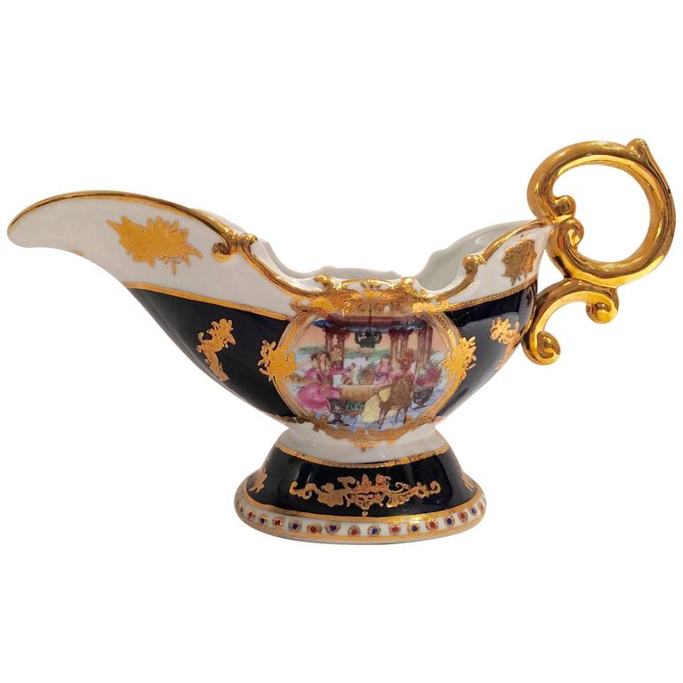 Vintage French Sevres Limoge Style Porcelain Cobalt &22K Sauce Boat at