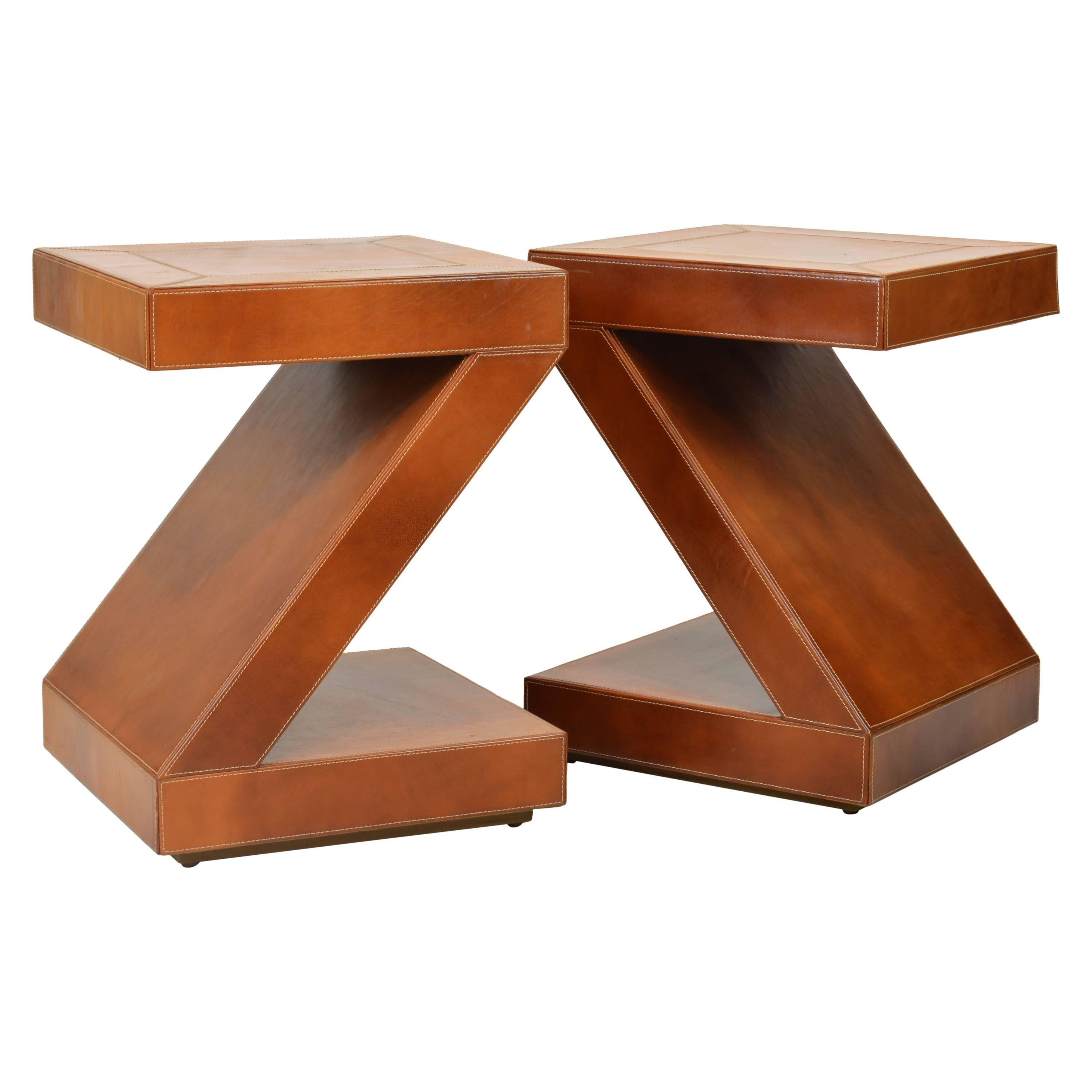 Pair of Vintage Sharp Modern Design Leather Clad Z-Themed Side or End Tables